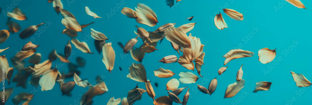 Poster scattered sunflower seeds and dried petals create a textured pattern on indigo backdrop