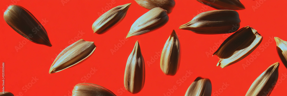 Poster sunflower seeds scattered on a bright red background showcasing varied textures and sizes