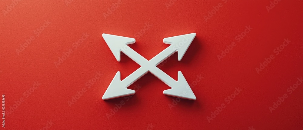 Poster white metal sign with three arrows pointing in different directions on a red background