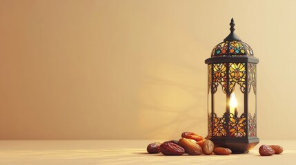 Ramadan background design with a colorful lantern dates and tasbih isolated on a beige background Islamic concept for Ramadan and Eid Mubarak
