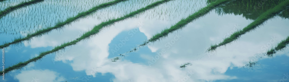 Poster flooded rice field reflecting the sky with gentle ripples creating a serene landscape