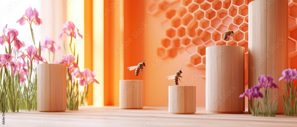 Aufkleber 3d rendering of a honeycomb scene with bees and flowers in a bright and colorful environment