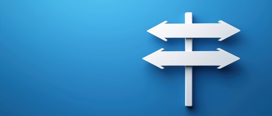 White Plastic Sign with Three Arrows Pointing in Different Directions on Blue Background