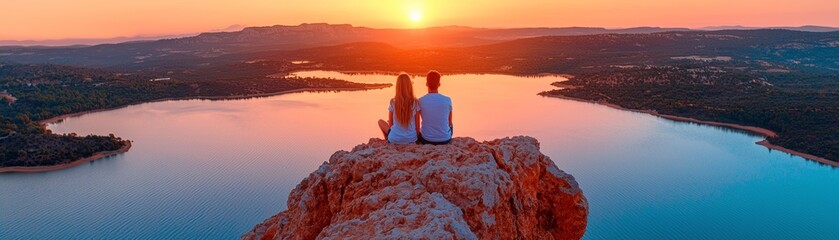 Obraz premium A couple sits on a rock overlooking a serene lake at sunset, surrounded by vibrant colors reflecting on the water.