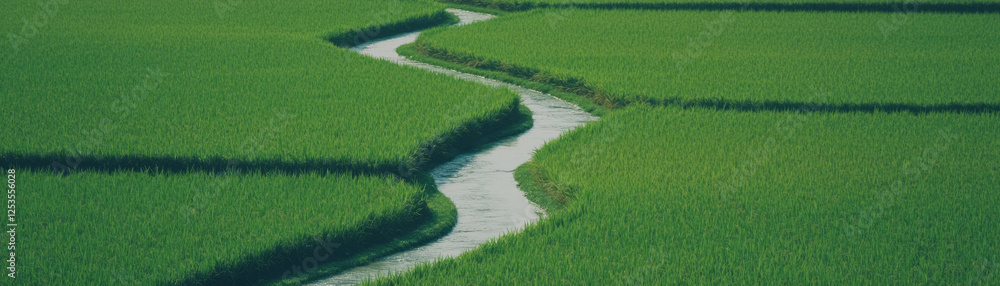 Poster Bright rice field with a winding river creating unique patterns in the landscape
