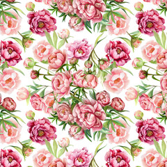 Seamless floral pattern with pink peonies. Watercolor illustration for textile, packaging, background