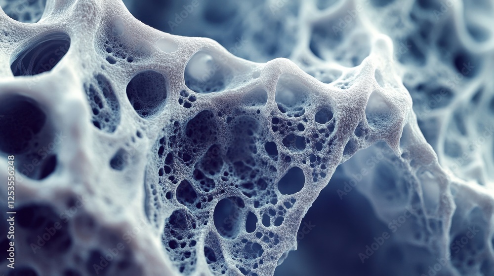 Poster detailed view of a complex, porous structure resembling a microscopic network. the intricate pattern