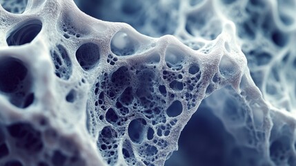 Detailed view of a complex, porous structure resembling a microscopic network. The intricate pattern highlights the delicate, interconnected formations found in scientific studies