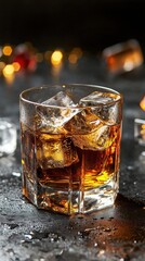 Refreshing whiskey on the rocks bar setting beverage cozy atmosphere close-up indulgence