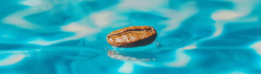 Single coffee bean reflecting on a shiny surface against a bright background