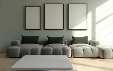 Light green living room with modern sofa, white coffee table, and empty picture frames on wall, bright and airy contemporary interior design