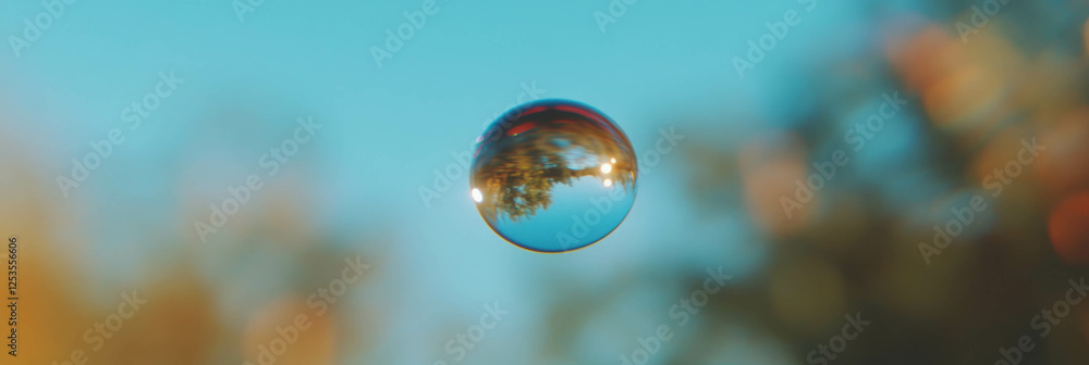 Poster large droplet captures blurred landscape with soft gradients in bright backdrop
