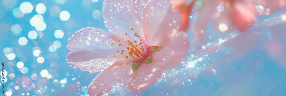 Poster dew-covered sakura petal glimmers against a bright white background for refreshing display
