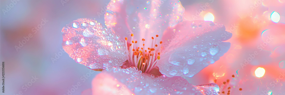 Poster dew-covered sakura petal shines brightly against a soft white background for a serene banner