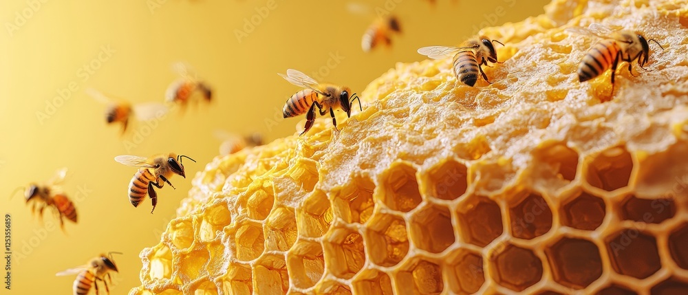 Poster captivating 3d rendering of honeycomb structure with bees collecting nectar in a vivid yellow backgr