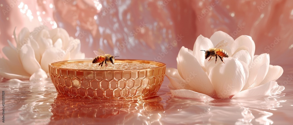 Aufkleber 3d rendering of a honeycomb with bees communicating and surrounded by delicate flowers in a serene e