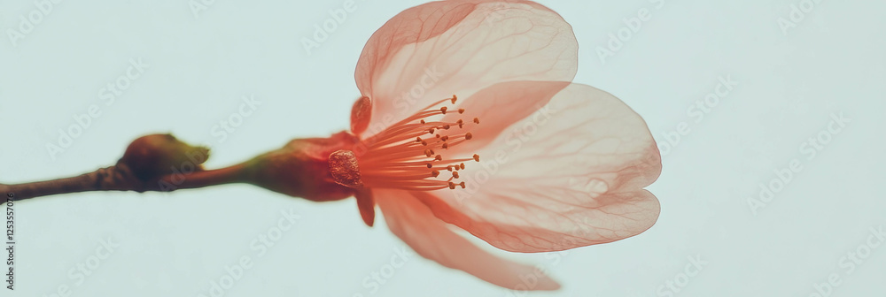 Poster delicate sakura petal features a small insect bite on a bright white background