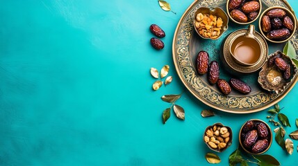 Ramadan Kareem holiday concept featuring dried dates fruits and decorations on a bright background Top view flat lay