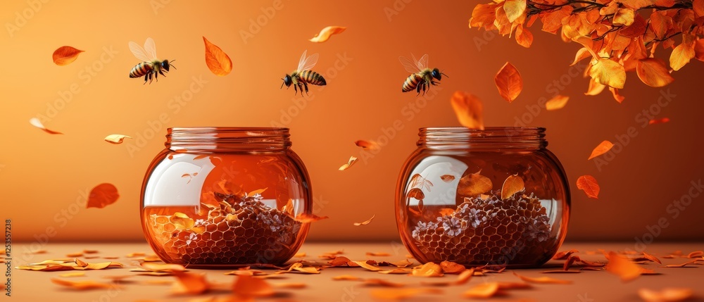 Poster 3d rendering of dancing bees surrounding honeycomb in autumn setting with vibrant orange background 