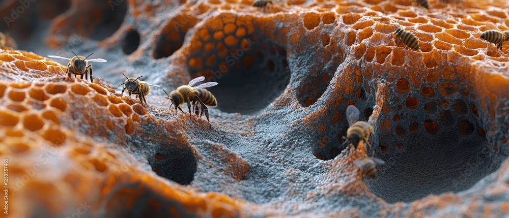 Poster 3d rendering of honeycomb structure with bees foraging on a detailed surface