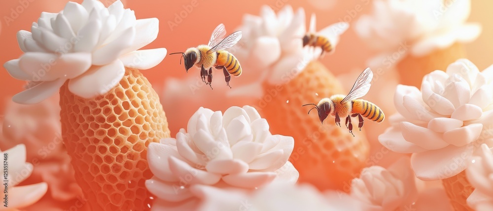 Poster 3d rendering of honeycomb structure with bees flying around white flowers in a vibrant and colorful 