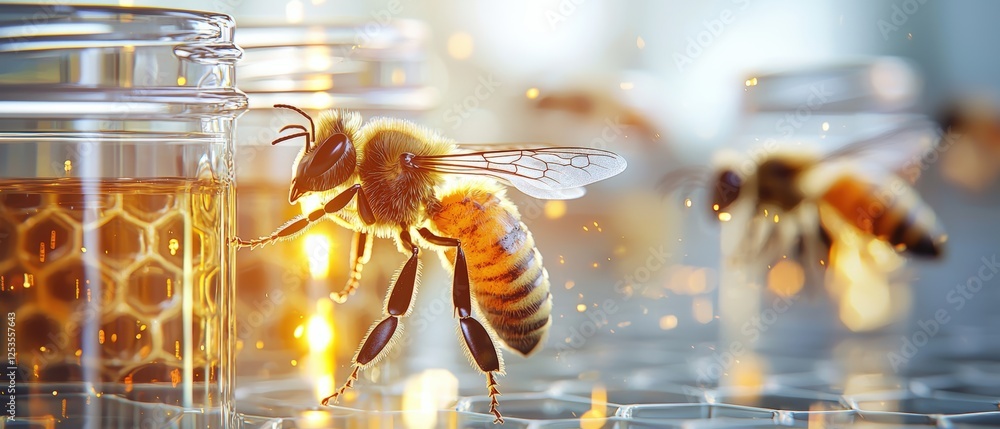 Poster 3d rendering of bees guarding honeycomb structure with sparkling details and realistic textures in n