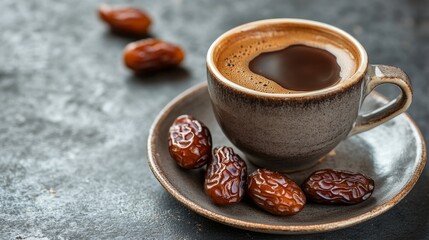 A cup of coffee and dried dates on a saucer ready for Iftar Islamic religion and Ramadan concept