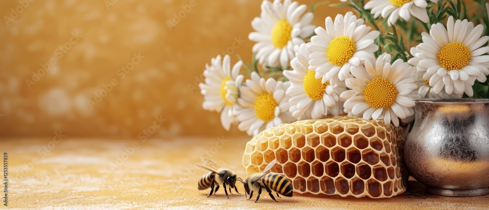 Poster detailed 3d rendering of a honeycomb structure with bees sitting near flowers against a textured bac