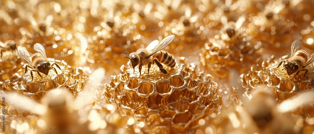 Poster detailed 3d rendering of honeycomb structure featuring bees guarding their precious honeycomb cells 