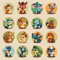 Obraz premium Adorable Cartoon Fantasy Animals Collection of Cute Mythical Creatures Perfect for Children s Books