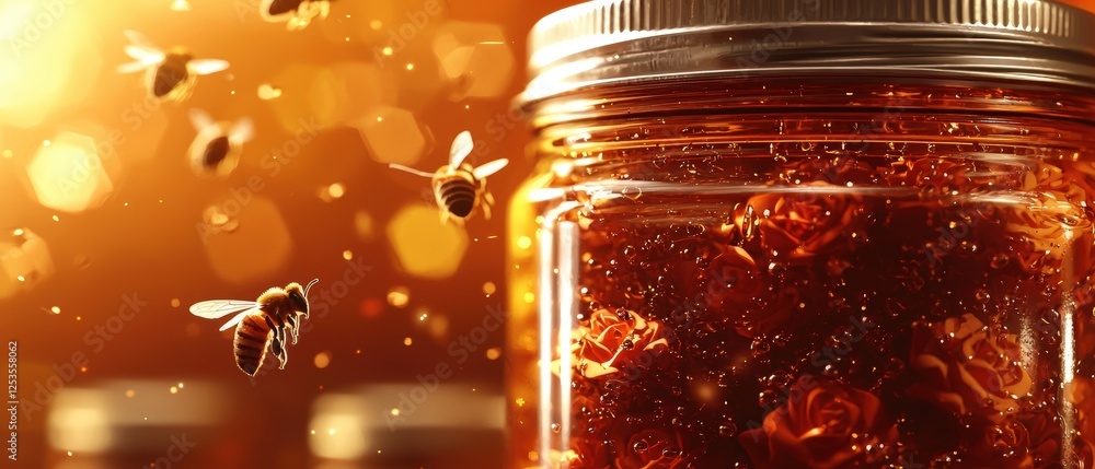 Poster 3d render of honey jar surrounded by bees with glowing background and detailed honey texture
