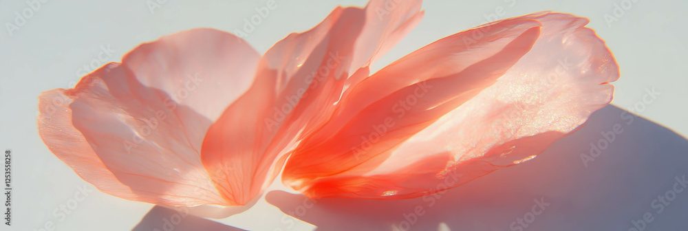 Poster Single translucent sakura petal illuminated on a bright background with soft backlighting