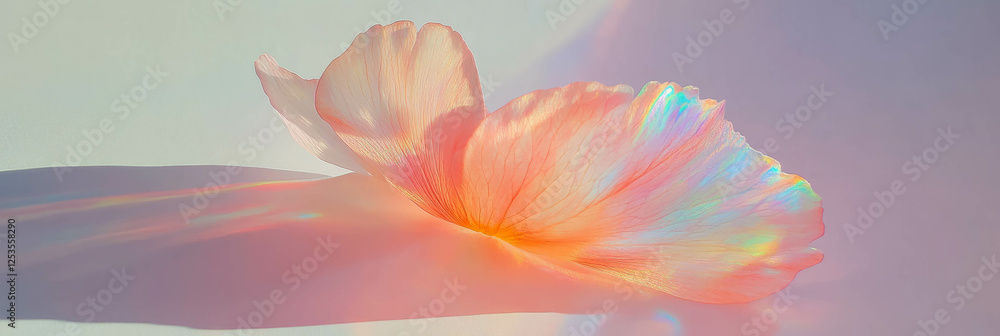 Poster translucent sakura petal on soft white background illuminated by gentle backlighting