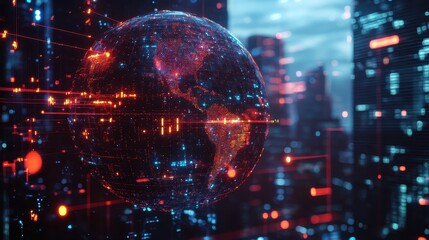 Close-up of a holographic globe with glowing network connections, representing worldwide internet access, global trade, and digital transformation, futuristic technology concept on cityscape backgroun