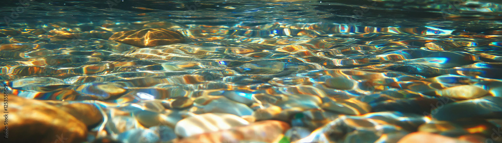 Poster Clear tidal pool with small rocks reflects sunlight in a vibrant setting