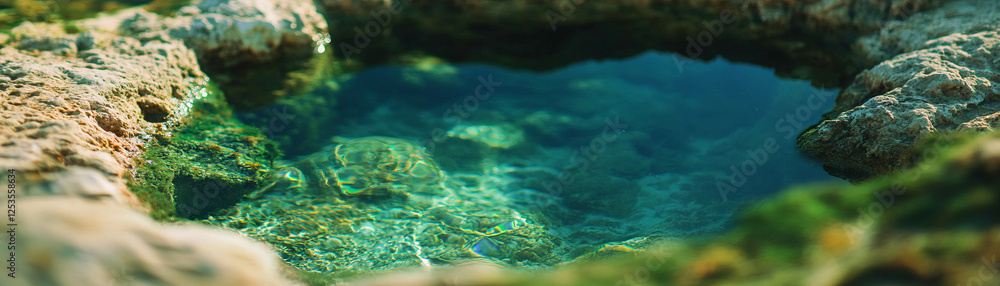 Poster small tidal pool with clear water surrounded by rocks on a bright day