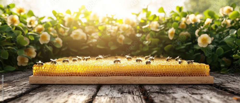 Poster 3d rendering of honeycomb with bees resting surrounded by greenery and sunlight glowing in the backg