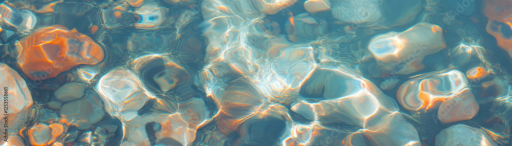 Poster Small tidal pool with clear water and colorful rocks on a bright background