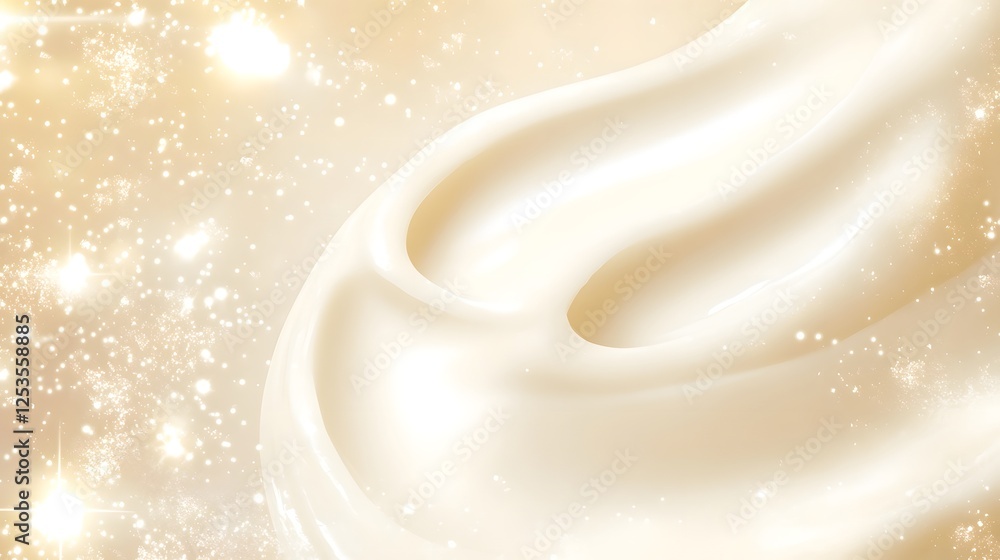 Poster Captivating image showcasing a dreamlike scene of shimmering golden light and glitter that swirls and flows in a soft creamy background creating a sense of magic luxury and