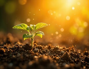 Young green seedling sprouting from fertile soil under warm sunlight. Macro shot with bokeh background. Growth and nature concept.