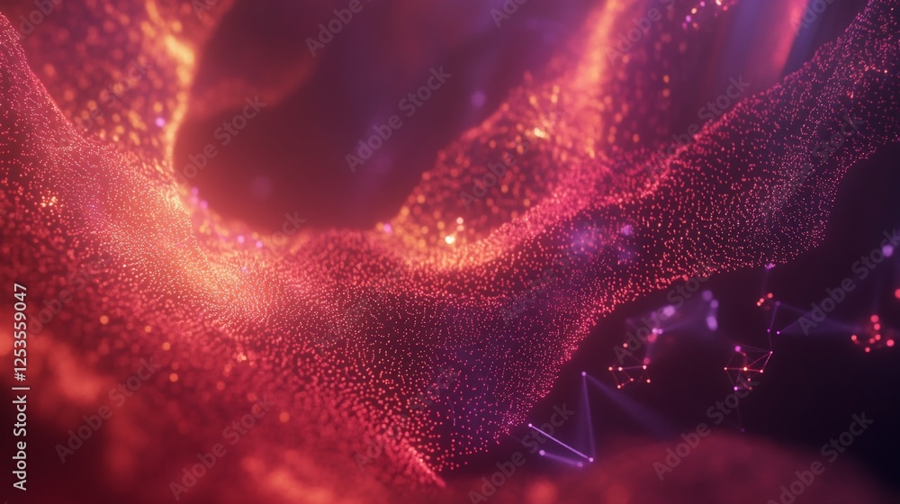 Poster abstract red and purple digital particle cloud with lines and dots