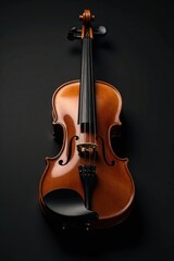 Fototapeta premium A Polished Violin Rests Against a Dark Background, Showcasing its Exquisite Craftsmanship and the Intricate Detail of its Construction