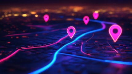 A vibrant roadmap with neon checkpoints leading to a corporate success destination
