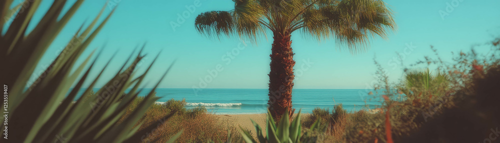 Poster view from beneath a palm tree overlooking the tranquil ocean horizon on a bright day