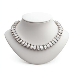 Elegant silver necklace with sparkling stones on white background