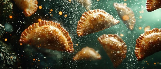 Fototapeta premium A Delightful Scene of Empanadas Soaring Through the Air Surrounded by Sparkling Streamers in a Dreamy Atmosphere
