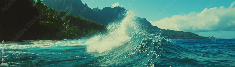 Aufkleber View of rocky outcrop extending into ocean with dynamic crashing waves in bright background