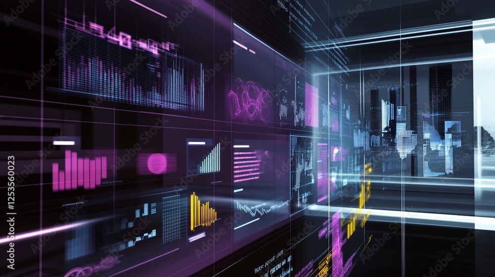 Poster futuristic data visualization with cityscape background in a technological environment