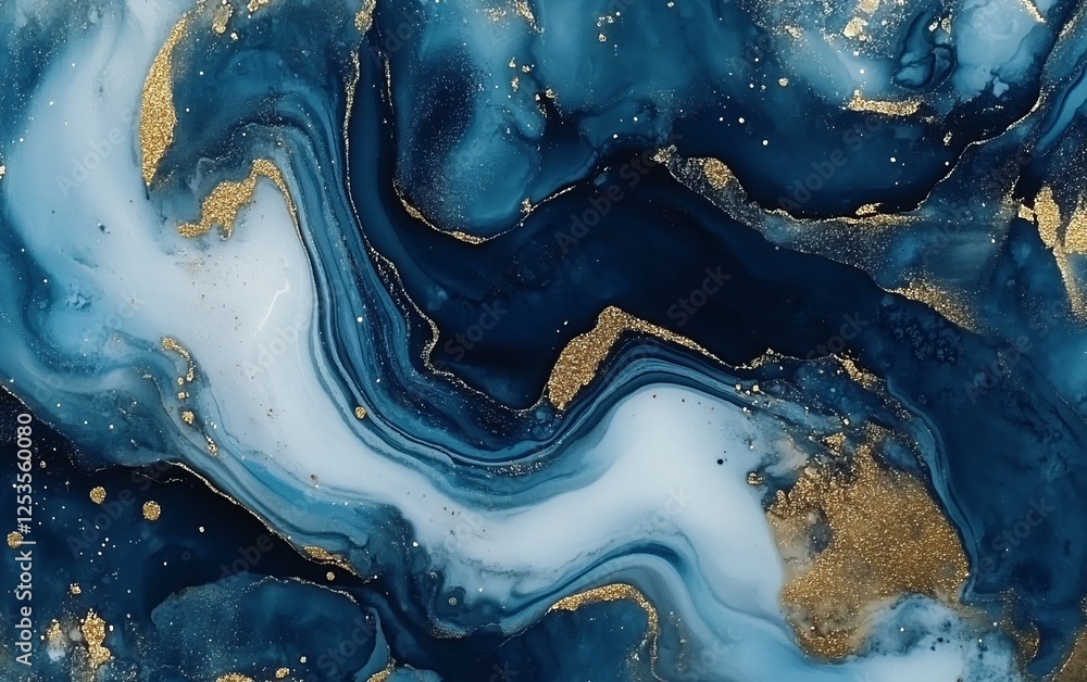 Poster blue fluid art with gold highlights and elegant waves creating a shiny glossy design with unique dec