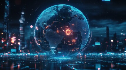 Close-up of a holographic globe with glowing network connections, representing worldwide internet access, global trade, and digital transformation, futuristic technology concept on cityscape backgroun